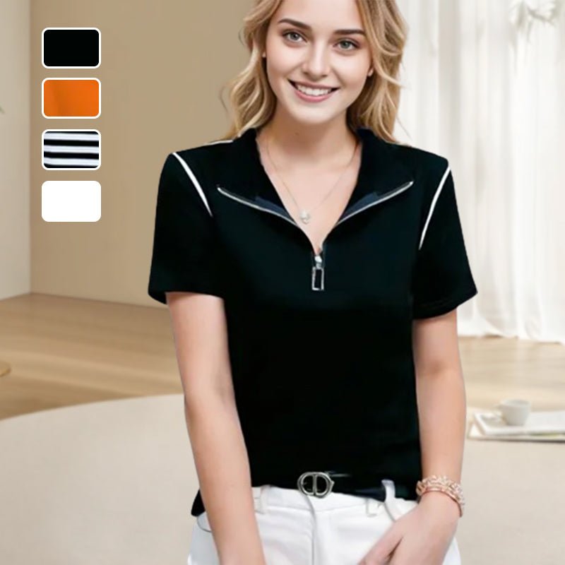 spp_20240418161435_1ca5c941c022425d02a5d9e4d12cc68f_5fa71d9a-96bc-41cc-8d6a-f8c5d945deb7.jpg Women's Trendy Zip Short Sleeve V Neck Loose Fit T-Shirt - Image 1