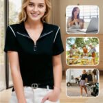 Women's Trendy Zip Short Sleeve V Neck Loose Fit T-Shirt - Image 7