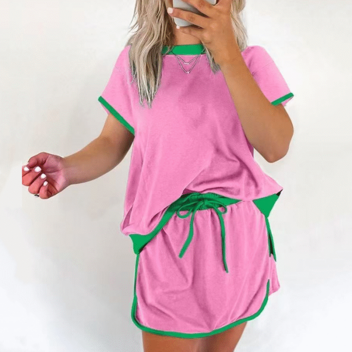 Women's Fashion Color Collision Short Sleeve Top & Shorts 2-Piece Set - Image 1