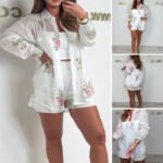 Women's Lightweight Breathable Embroidered Shirt Shorts Set