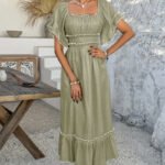 Women's Causal Puffy Short Sleeve Square Neck Dresses - Image 2