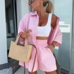 Vibrant Solid Color Short Sleeve Shirt & High Waisted Shorts 2-Piece Set - Image 9