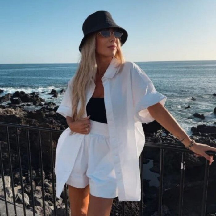 Vibrant Solid Color Short Sleeve Shirt & High Waisted Shorts 2-Piece Set - Image 14